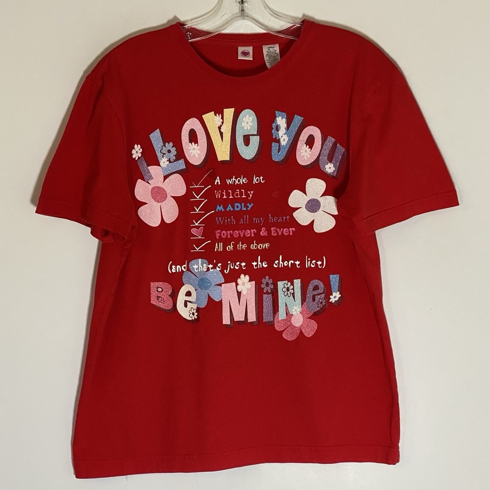 Valentines Day Shirt Womens Medium Red Love You Be Mine Floral Colorful Fun Tee